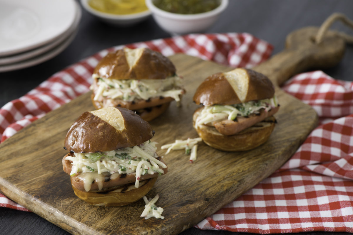 Apple Cheddar Bratwurst Pretzel Sandwich Fletcher's